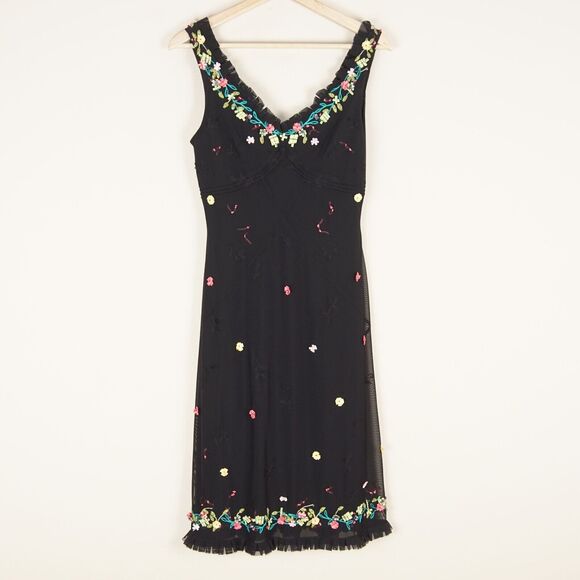 Sue Wong Floral Embroidered Beaded Black Sleeveless Mesh Y2K Dress Womens Sz 4 - Picture 1 of 7